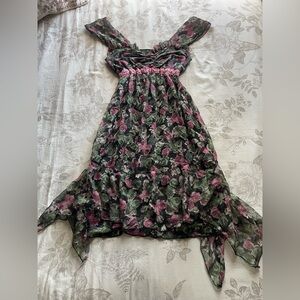 Vintage Black Floral Babydoll Asymmetric Dress Small Garden Fairy Whimsigoth Y2K